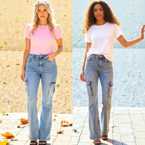 RISEN Retro Cargo High-Rise Slim Flare Tapered Acid Wash Denim Jeans Utility Pan - Picture 4 of 10